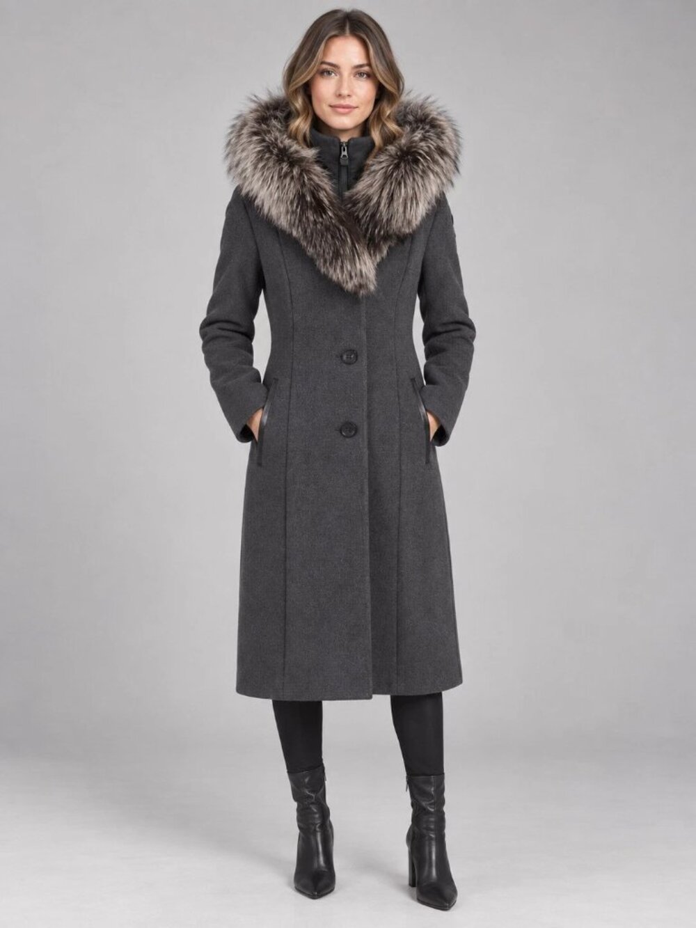 Mackage MILA-X Women's L Charcoal Wool Cashmere Coat Fox Fur Hood Leather Trim